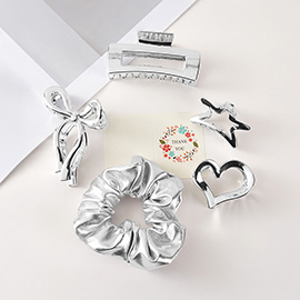 5PCS - Chrome Bow Heart Star Square Open Hair Claw Clips Stretchable Fabric Hairband Set