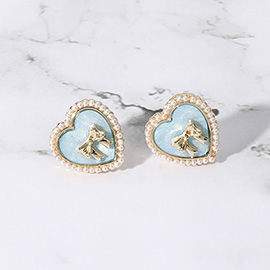 Pearl Paved Rim Metal Bow Pointed Enamel Heart Stud Earrings