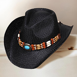 Turquoise Stone Pointed Wooden Beaded Band Western Straw Cowboy Fedora Hat