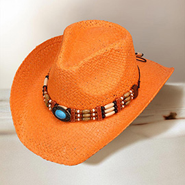 Turquoise Stone Pointed Wooden Beaded Band Western Straw Cowboy Fedora Hat