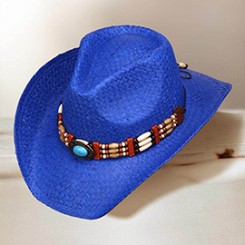 Turquoise Stone Pointed Wooden Beaded Band Western Straw Cowboy Fedora Hat