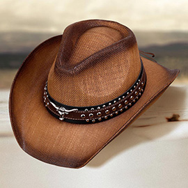 Metal Steer Head Studded Faux Leather Band Western Straw Cowboy Fedora Hat