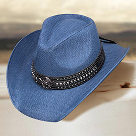 Metal Steer Head Studded Faux Leather Band Western Straw Cowboy Fedora Hat