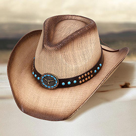 Turquoise Stone Embellished Metal Steer Head Studded Faux Leather Band Western Straw Cowboy Fedora Hat