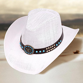 Turquoise Stone Embellished Metal Steer Head Studded Faux Leather Band Western Straw Cowboy Fedora Hat