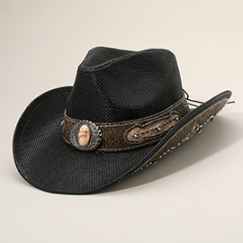 Stone Stud Leather Band Ornate Brim Western Straw Cowboy Fedora Hat