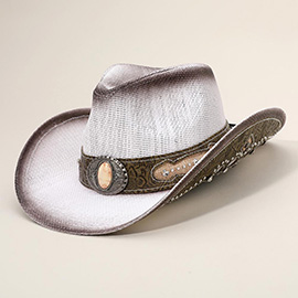 Stone Stud Leather Band Ornate Brim Western Straw Cowboy Fedora Hat