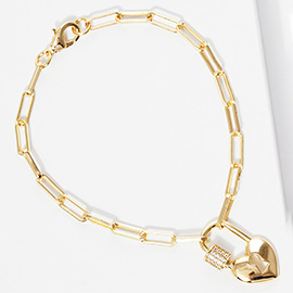 Gold Dipped CZ Stone Paved Heart Lock Carabiner Pointed Paperclip Chain Bracelet