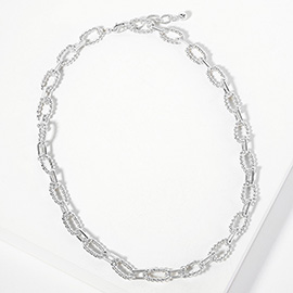 White Gold Dipped Textured Oval Link Chain Necklace