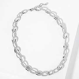 White Gold Dipped Textured Oval Link Chain Necklace