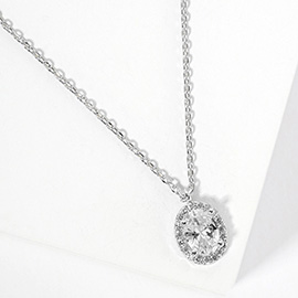 White Gold Dipped Oval CZ Stone Pendant Necklace