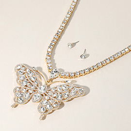 Rhinestone Embellished Butterfly Pendant Accented Tennis Chain Evening Necklace