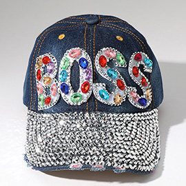 Oval Rhinestone Cluster Embellished BOSS Message Bling Studded Glam Baseball Cap