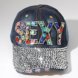 Oval Rhinestone Cluster Embellished SEXY Message Bling Studded Glam Baseball Cap