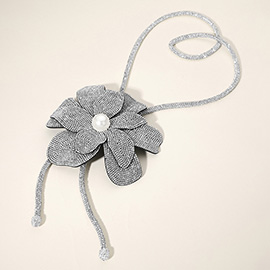 Pearl Centered Bling Studded Flower Pointed Bolo Tie Necklace