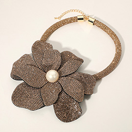 Pearl Centered Bling Studded Oversized Flower Pointed Necklace