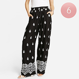 Boho Geometric Pattern Embroidered Wide Leg Pants