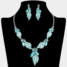 Marquise Round Stone Cluster Colored Metal Leaf Embellished Necklace