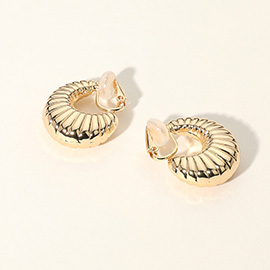 Flat Ribbed Metal Hoop Clip On Earrings