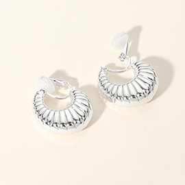 Flat Ribbed Metal Hoop Clip On Earrings