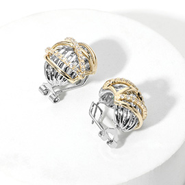 14K Gold Plated CZ Stone Paved Two tone  Geometric Button Earrings