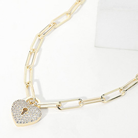 14K Gold Plated CZ Stone Paved Heart Lock Pendant Paperclip Chain Necklace