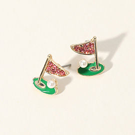 Pearl Pointed Enamel Golf Hole In One Stud Earrings