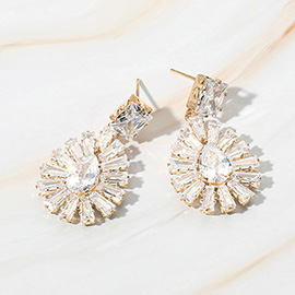 Baguette CZ Stone Cluster Rim Teardrop Dangle Evening Earrings