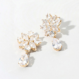 Flower CZ Stone Cluster Teardrop Dangle Evening Earrings