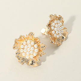 Pearl Embellished Textured Metal Flower Clip On Earrings