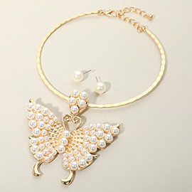 Bold Pearl Embellished Butterfly Pendant Statement Necklace