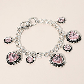 Heart Round Stone Charm Station Toggle Bracelet