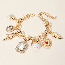 Pearl Heart Metal Luck Hand Leaf Glass Stone Charm Station Bracelet