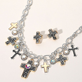 Two Tone Metal Intricate Scroll Cross Stone Cluster Charm Embellished Necklace
