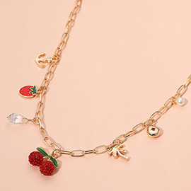 Stone Paved Cherry Enamel Strawberry Metal Anchor Palm Tree Pearl Teardrop Stone Charm Station Paperclip Chain Necklace