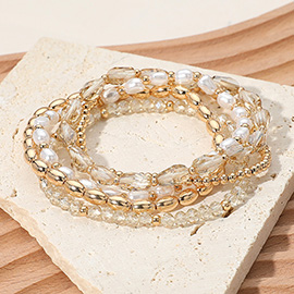 5PCS - Pearl Metal Faceted Beaded Stretch Multi Layered Bracelets