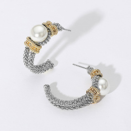 14K Gold Plated Two Tone Pearl Pointed Hoop Earrings