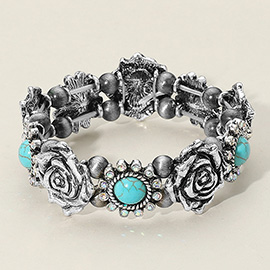Antique Metal Western Flower Stone Pointed Stretch Bracelet