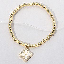Reversible Stainless Steel Mother of Pearl Clover Charm Beaded Stretch Bracelet