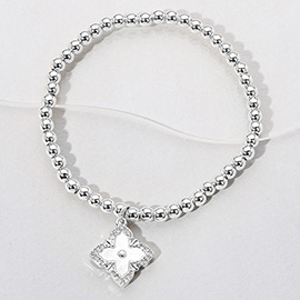 Reversible Stainless Steel Mother of Pearl Clover Charm Beaded Stretch Bracelet