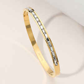 Stainless Steel Baguette Stone Paved Hinged Bangle Bracelet
