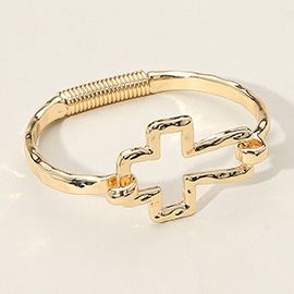 Hammered Metal Open Cross Pointed Hinged Bangle Bracelet