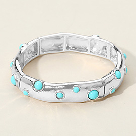 Turquoise Stone Embellished Hammered Metal Stretch Bracelet