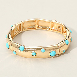 Turquoise Stone Embellished Hammered Metal Stretch Bracelet