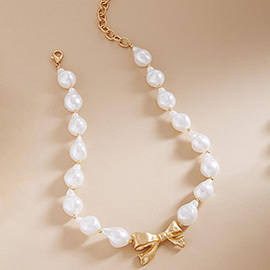 Metal Bow Pointed Teardrop Pearl Beaded Necklace