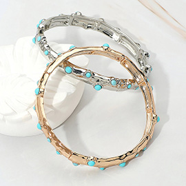 Turquoise Stone Embellished Hammered Metal Bar Beaded Stretch Bracelet
