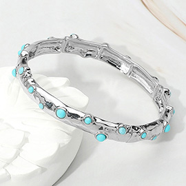 Turquoise Stone Embellished Hammered Metal Bar Beaded Stretch Bracelet