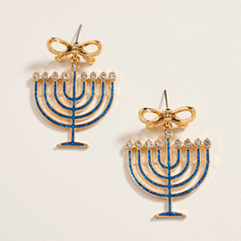 Bow Accent Hanukkah Menorah Dangle Earrings