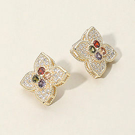 14K Gold Plated CZ Stone Paved Floral Clover Stud Earrings