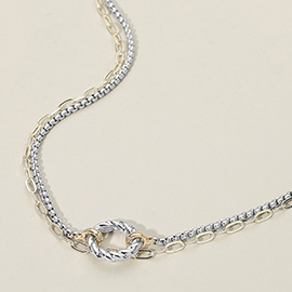 14K Gold Plated Two Tone Textured Ring Accent Dual Chain Layered Necklace